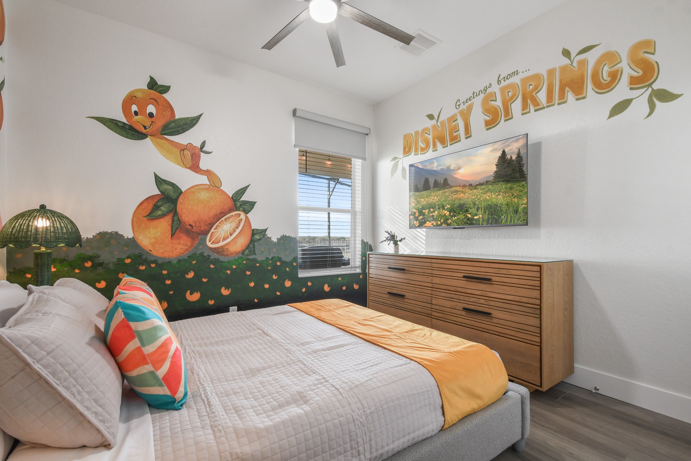 Orange Bird themed queen bedroom — homage to the classic Disney mascot