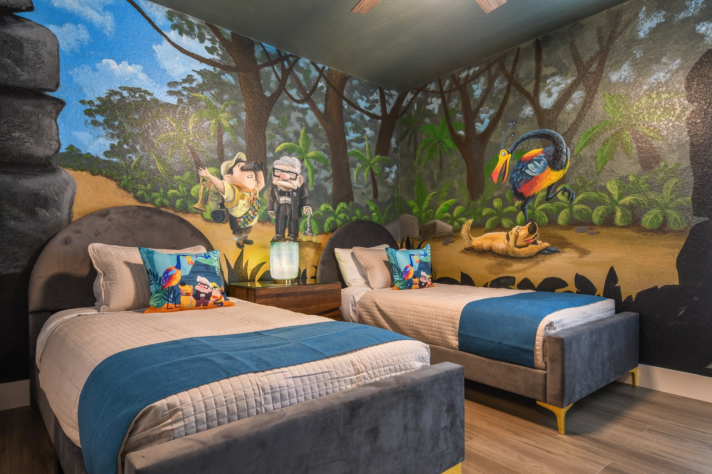 UP themed twin bedroom with adventure-book decor