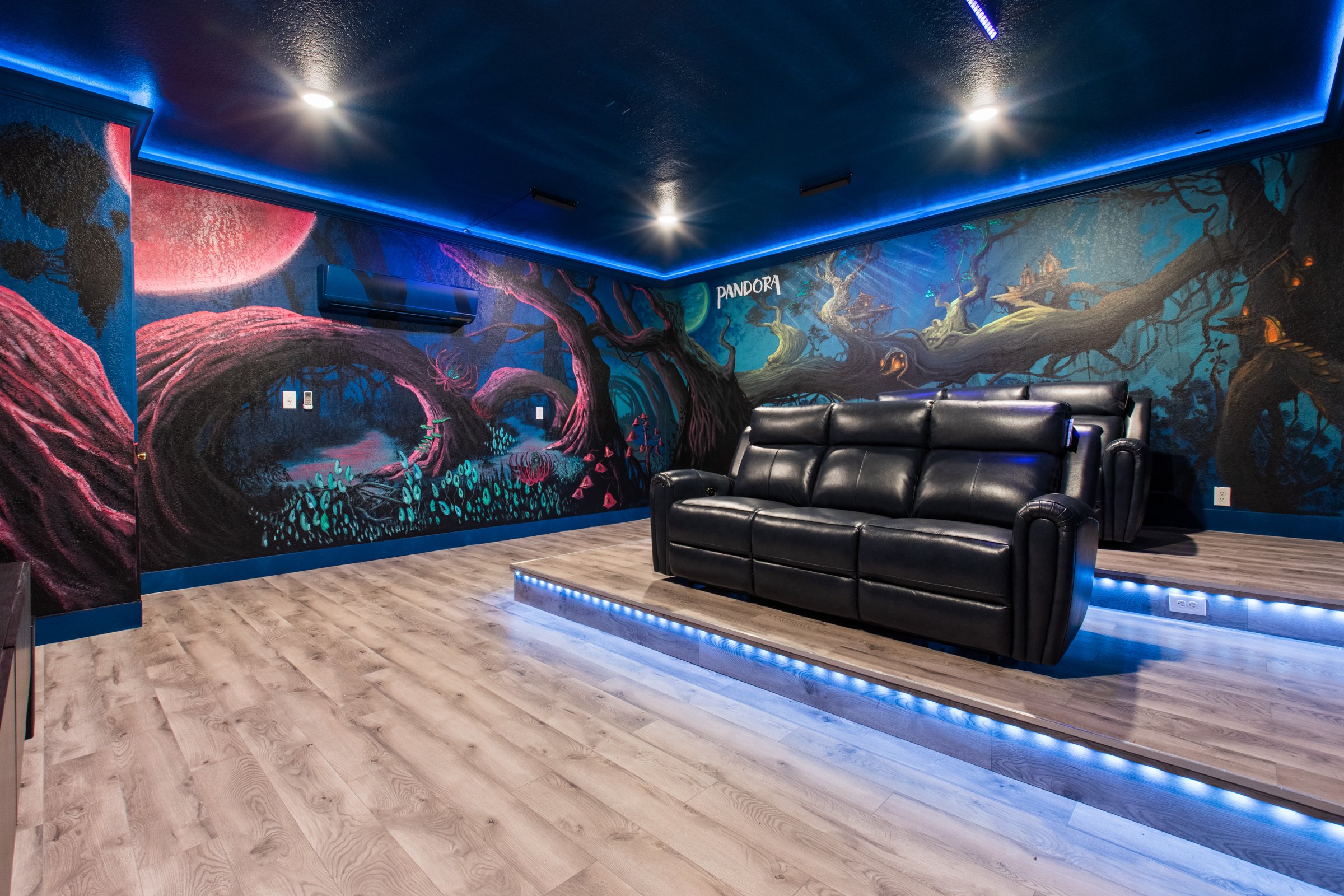 Movie theater with projector, screen, and Pandora ambiance