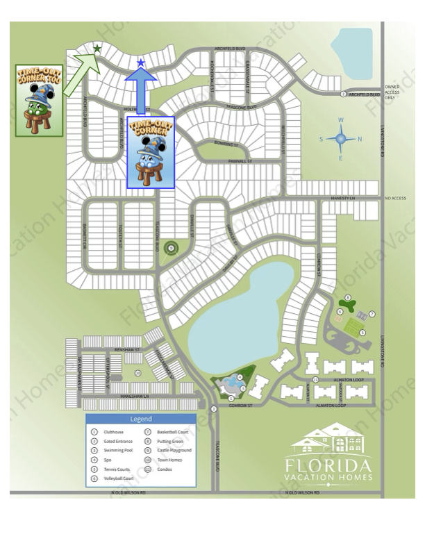 Map of Windsor Hills showing the locations of Time-Out Corner, Time-Out Corner Too, and Time-Out Corner Lakeside