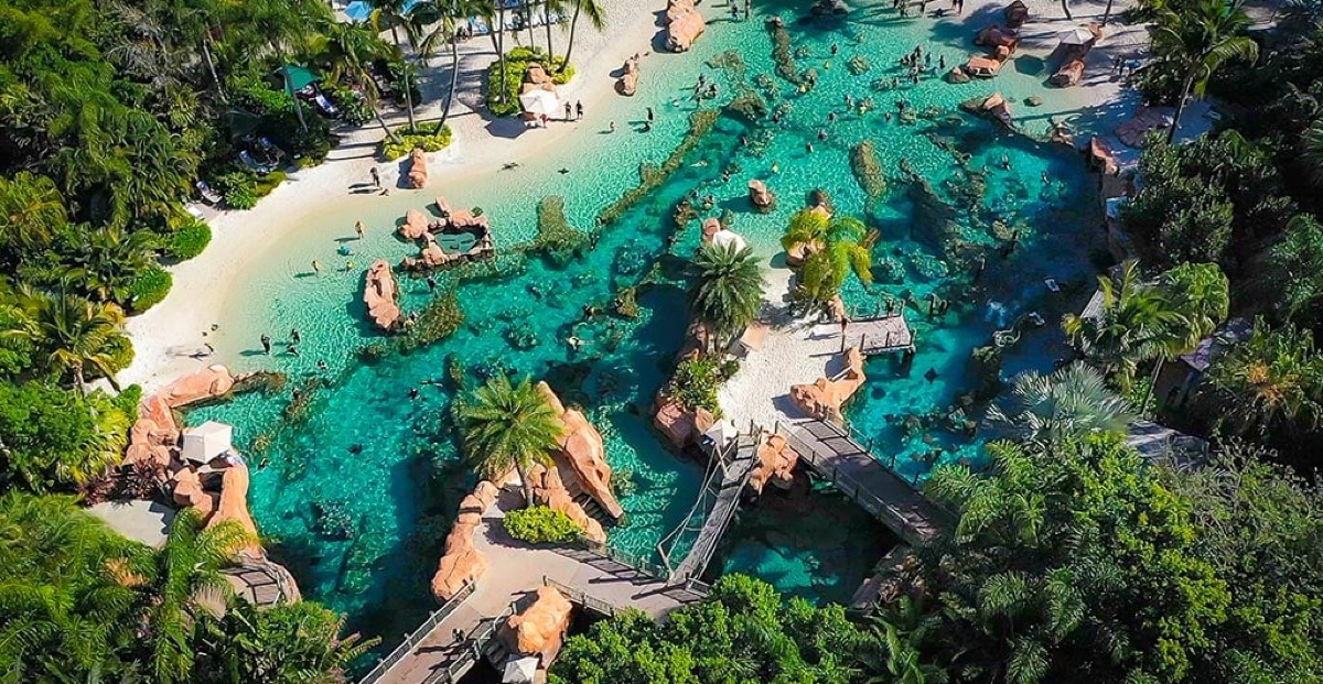 Aerial view of Discovery Cove's turquoise lagoon and snorkeling reef in Orlando