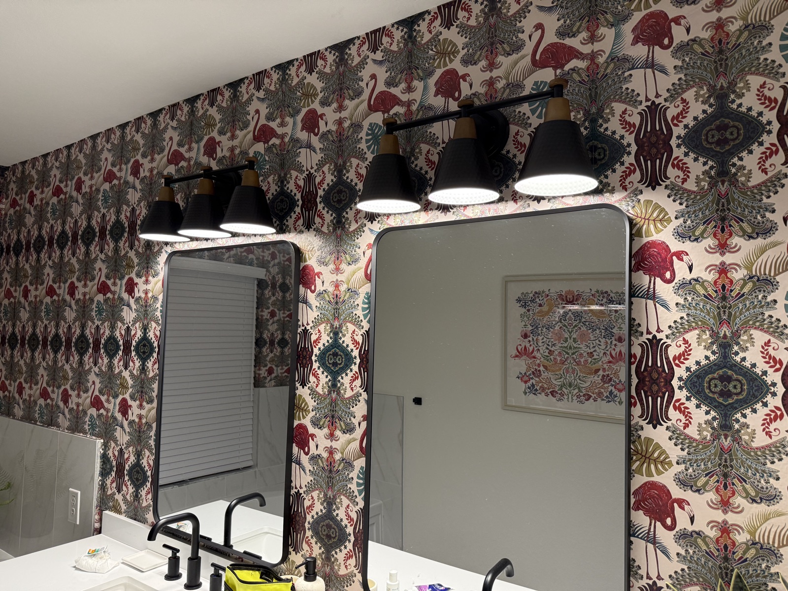 Bathroom vanity with flamingo wallpaper at Time-Out Corner, Lakeside
