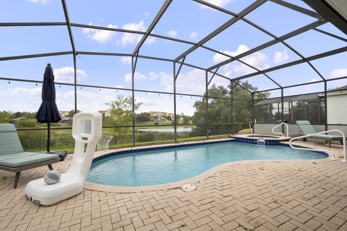 Freeform pool with basketball hoop and lake view at Time-Out Corner, Lakeside