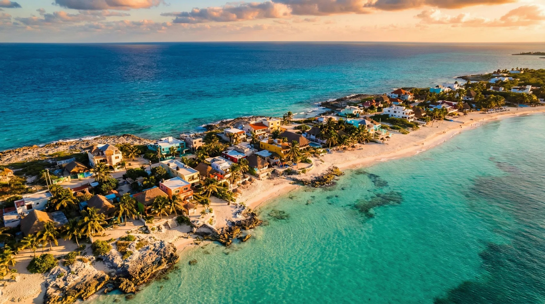Aerial view of Isla Mujeres island coastline Caribbean Mexico vacation destination