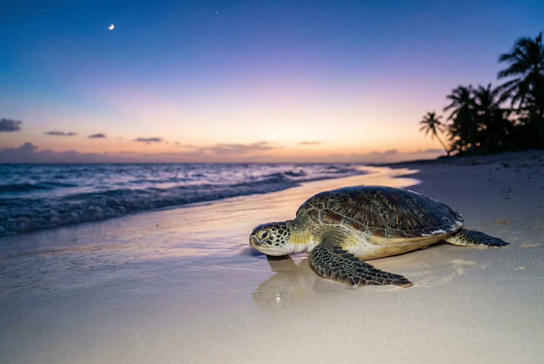 Sea turtle nesting on Isla Mujeres beach at twilight Mexico wildlife