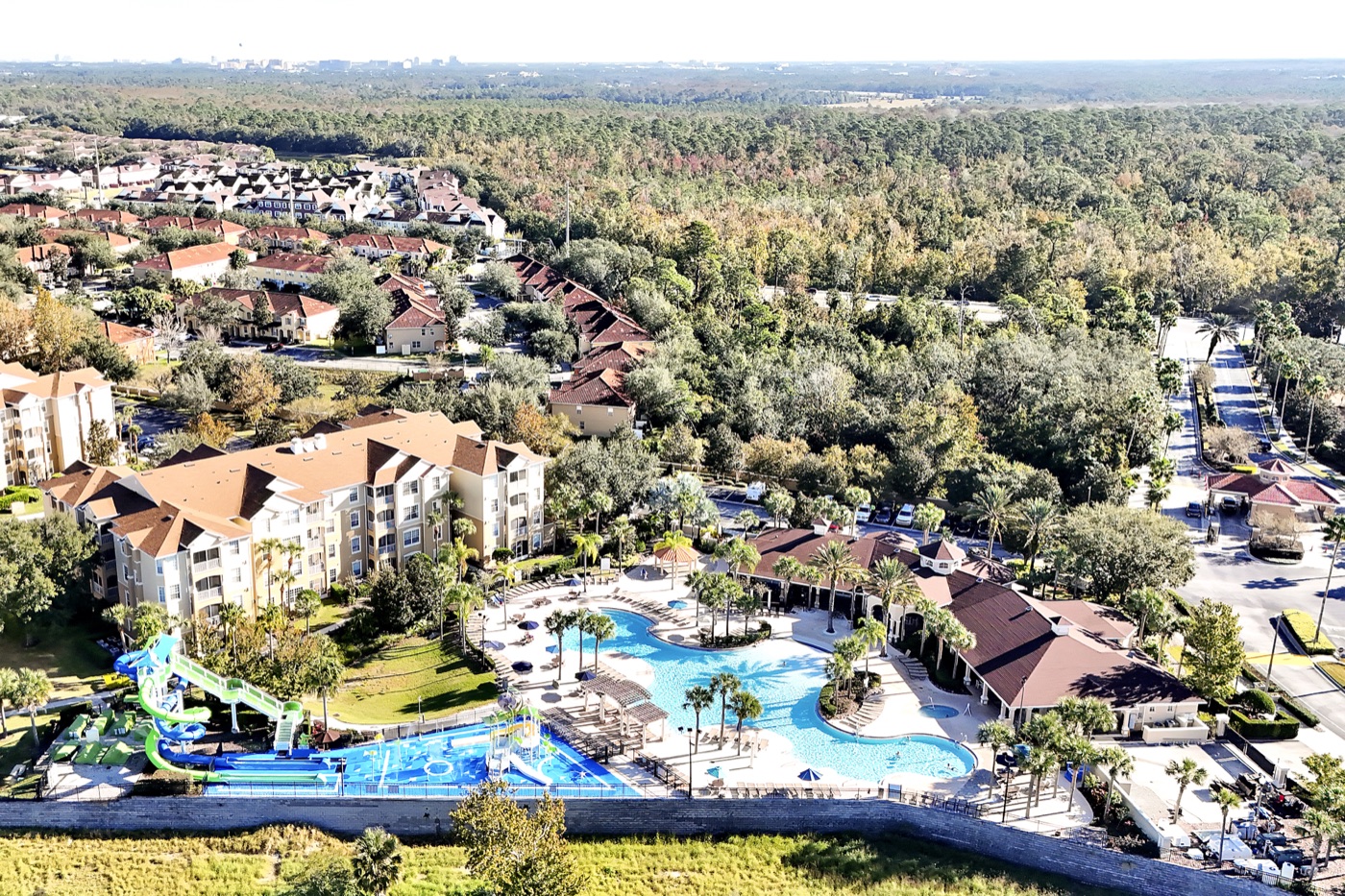 Aerial view of Windsor Hills Resort community pools and waterpark near Walt Disney World Kissimmee FL
