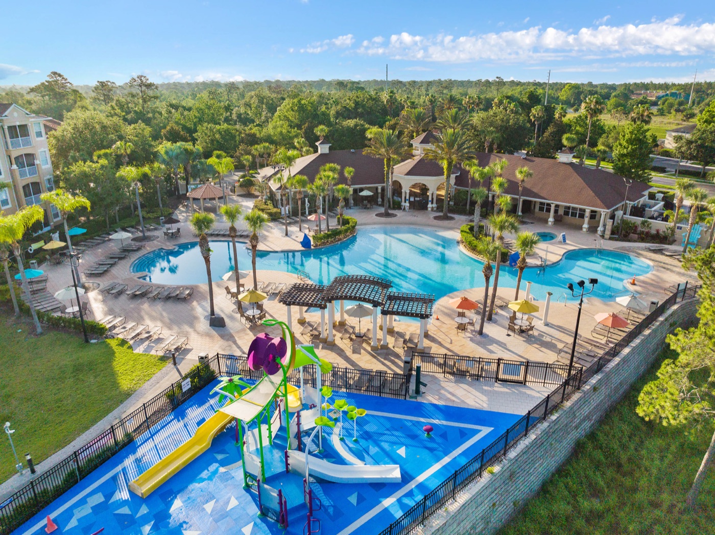 Aerial view of the zero-depth splash pool and water-play area at Windsor Hills Resort